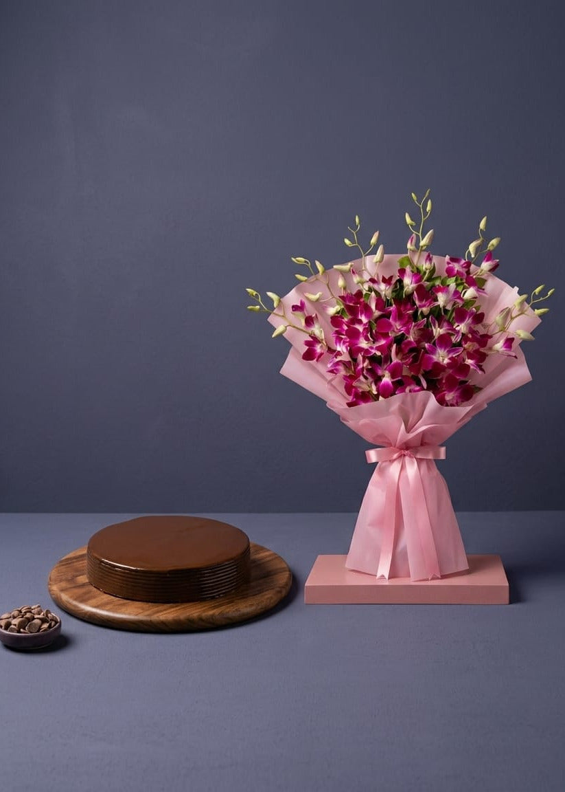 Chocolate Truffle Cake & Orchids Combo