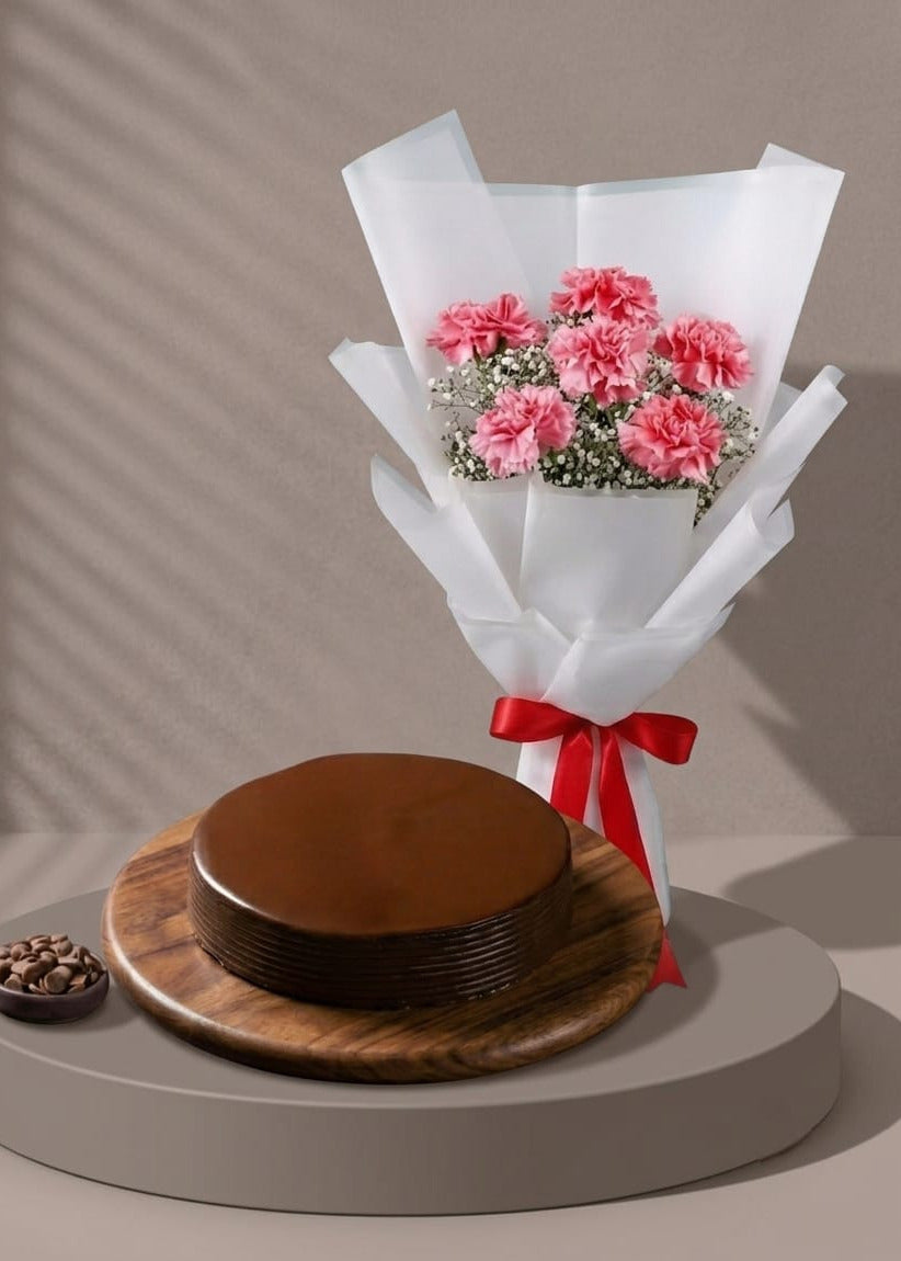 Chocolate Truffle cake & Pink Carnations Bouquet combo