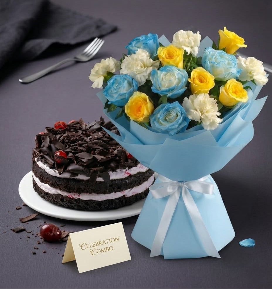 Vibrant bouquet & black forest cake combo