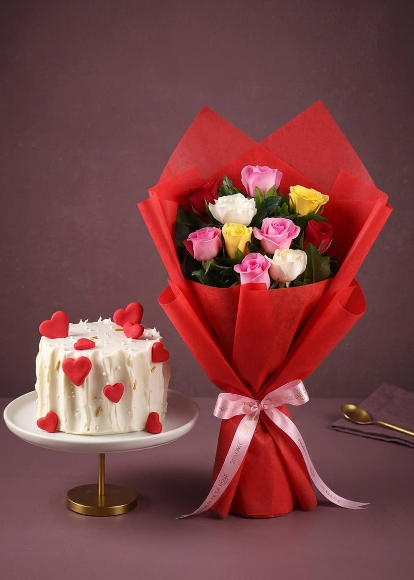Love Heart cake with Mix roses bloosom Combo