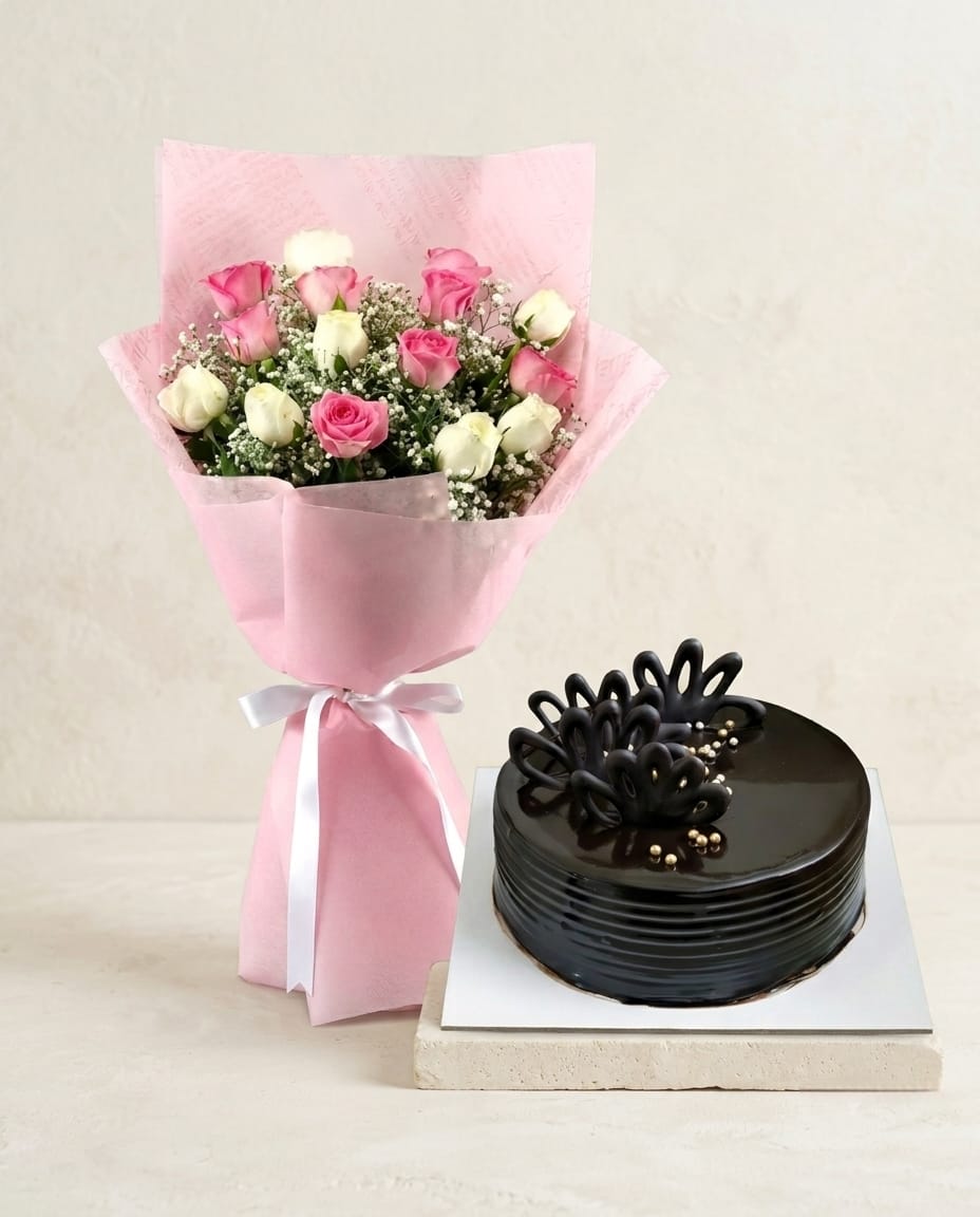 Dreamy Pink roses with Chocolate Truffle Cake Combo