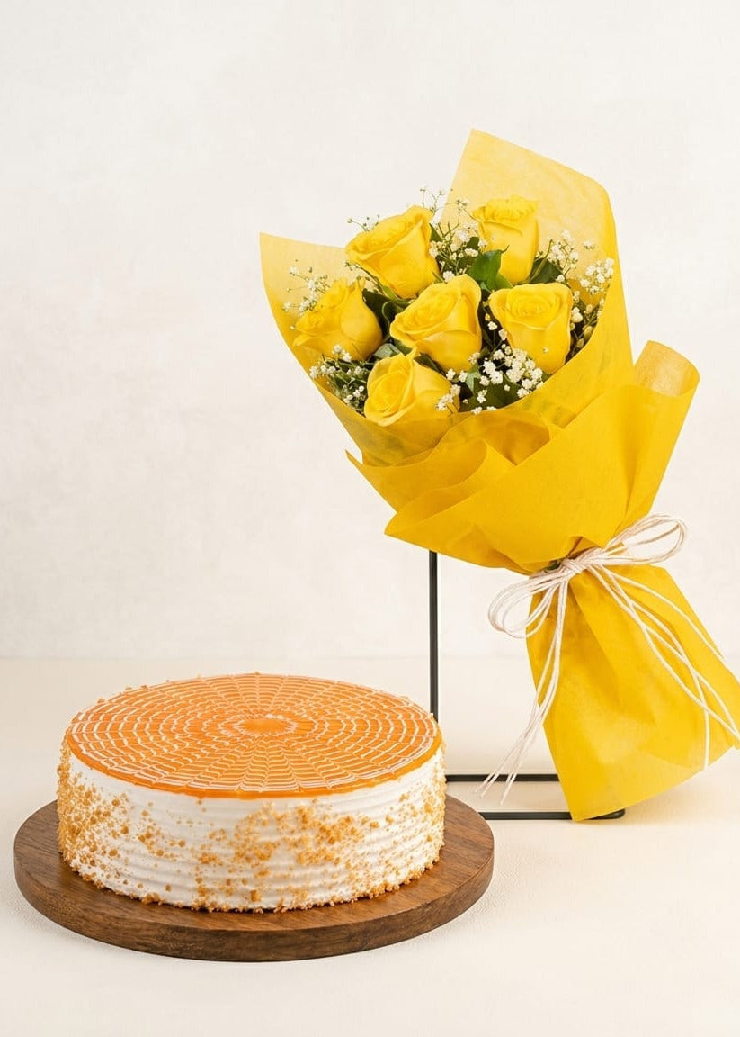 Butterscotch cake with yellow roses combo