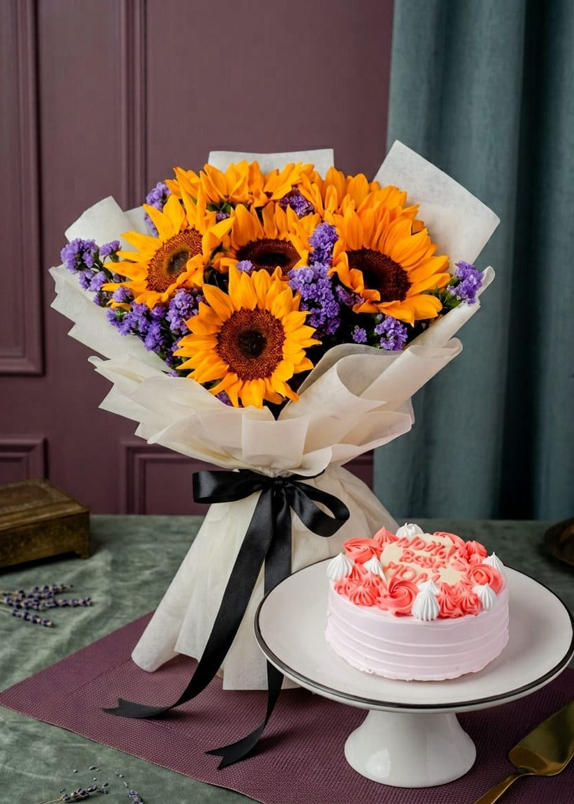 Sunflower Bouquet with Rosatte Cake Combo