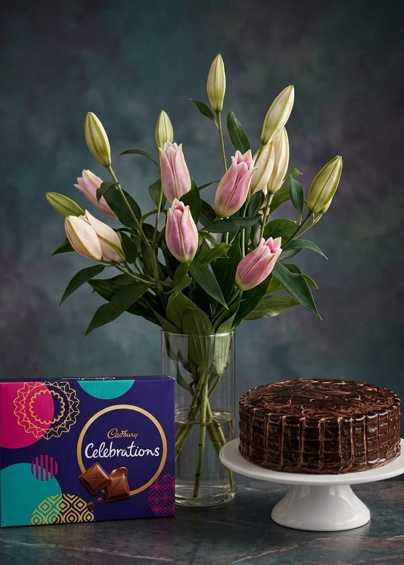 Pink Serenity with Chocolate Cake & Cadbury Celebration