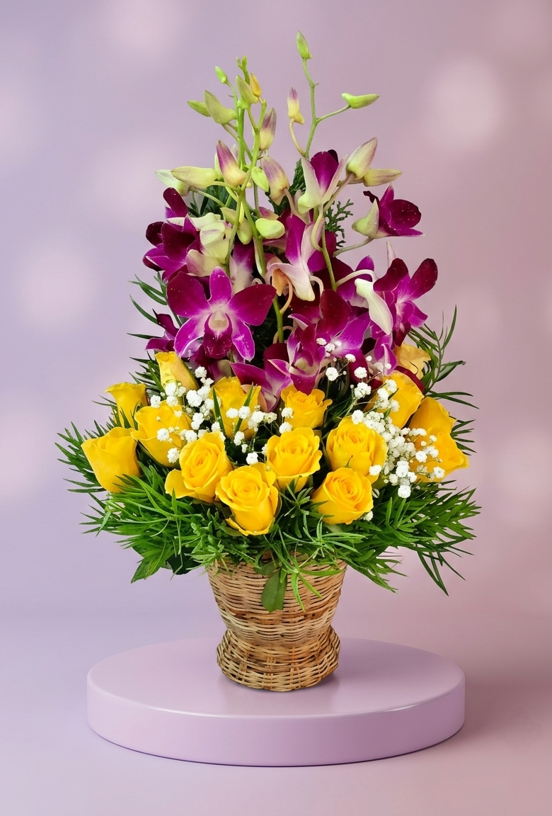 Yellow Roses & Orchids Basket
