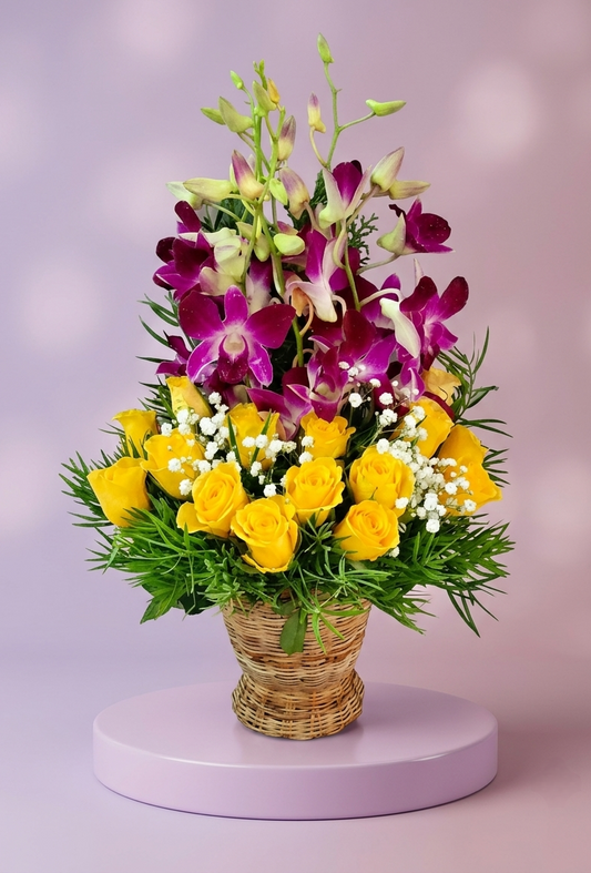 Yellow Roses & Orchids Basket