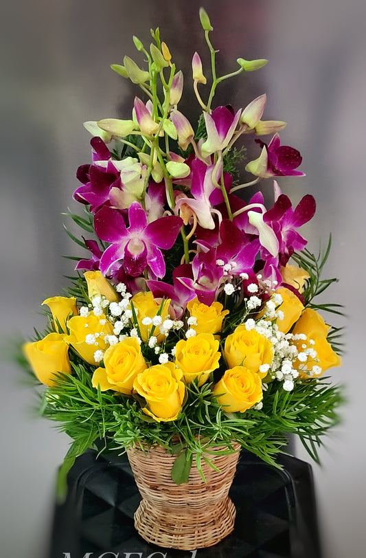 Yellow Roses & Orchids Basket