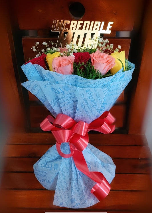 12  Mix Roses Bouquet with INCREDIBLE MOM Topper