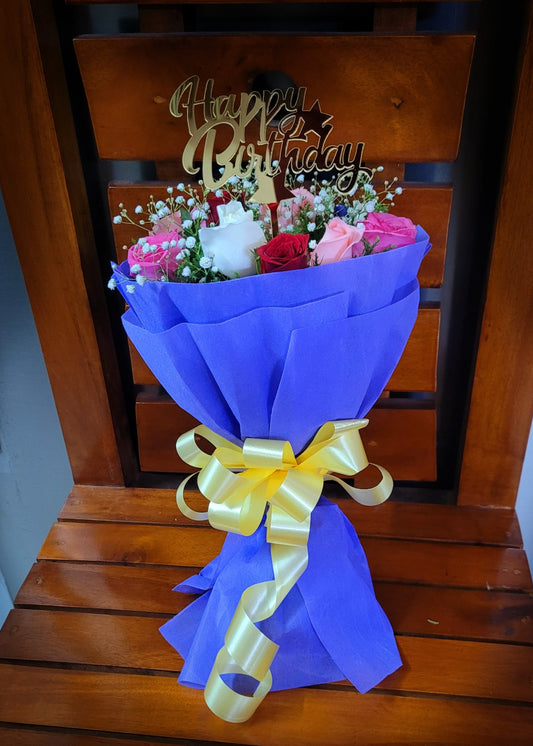 12 Mix Roses Bouquet with Happy Birthday Topper