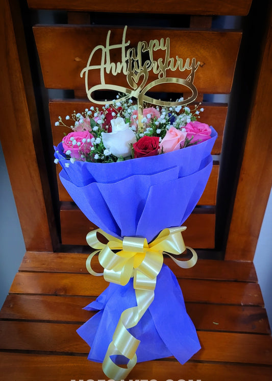 Mix Roses Bouquet with Happy Anniversary Topper