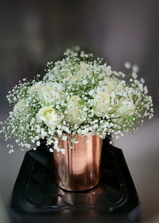 White Roses in Rose gold Vase