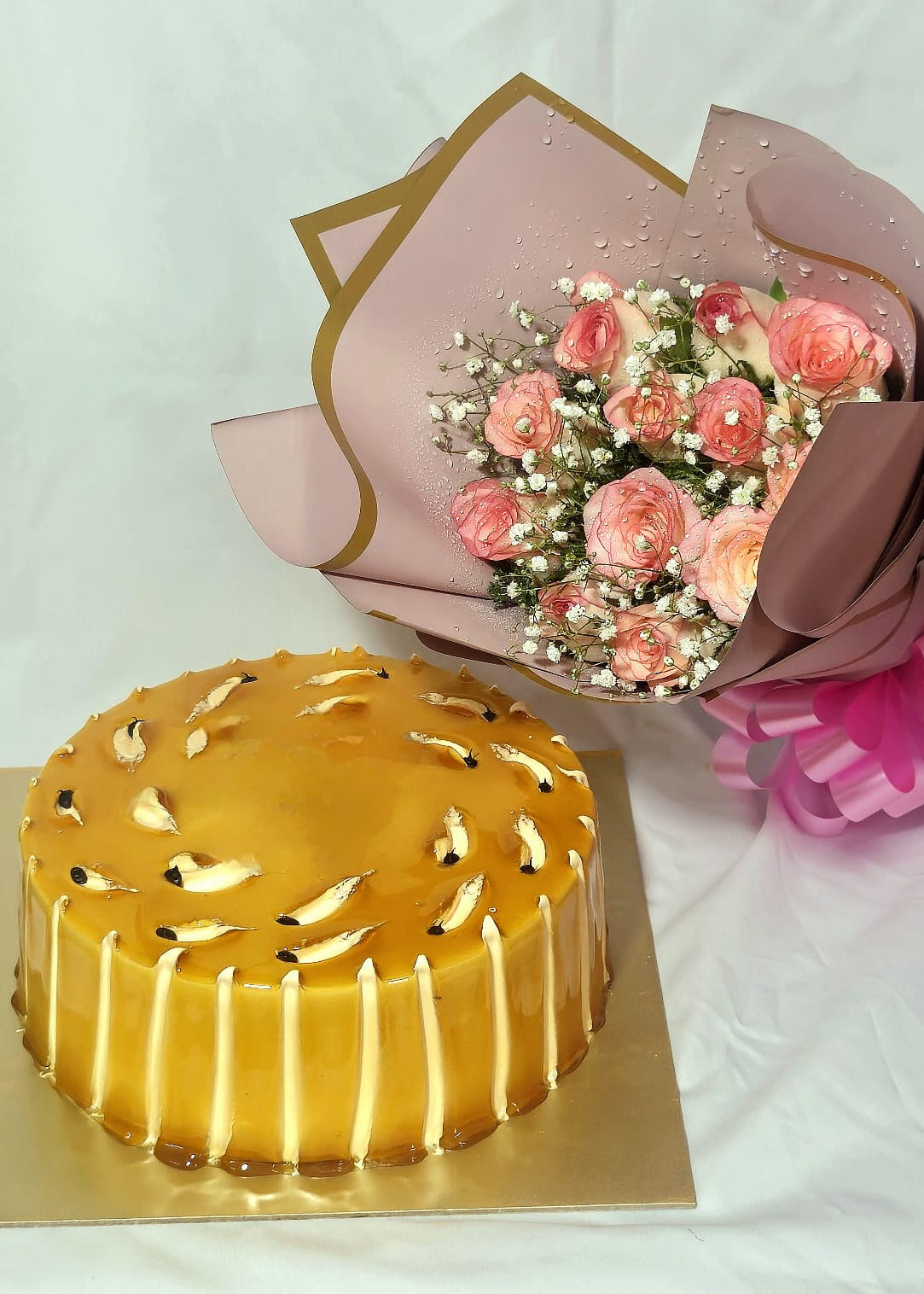 Hazelnut Love Bliss -Hazelnut Butterscotch Cake & Pink Roses Bouquet | Perfect Gift Combo