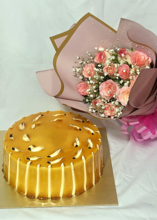 Hazelnut Love Bliss -Hazelnut Butterscotch Cake & Pink Roses Bouquet | Perfect Gift Combo