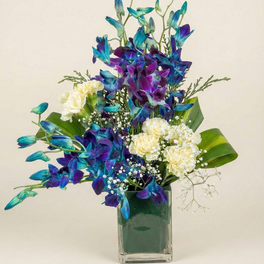 Blue / purple  - Orchids & Carnation Vase Arrangement