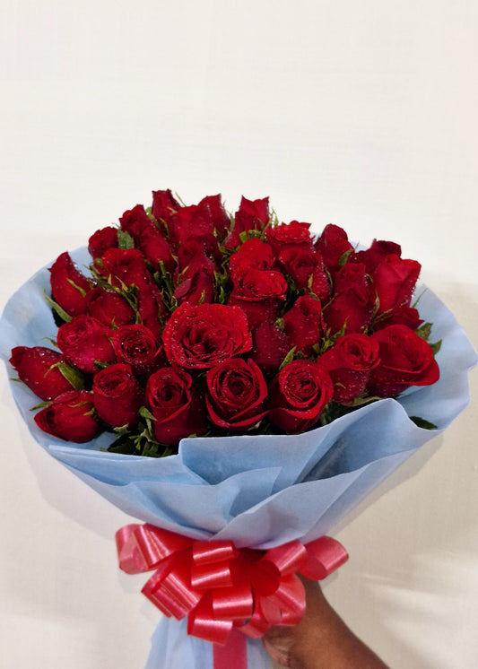 Fresh Red Roses Bouquet, 40 Stems with Blue Wrapping and Red Bow