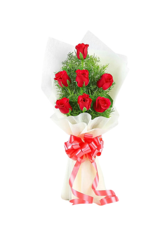 7 Fresh Red Roses Bouquet in White Non Wooven Paper packing