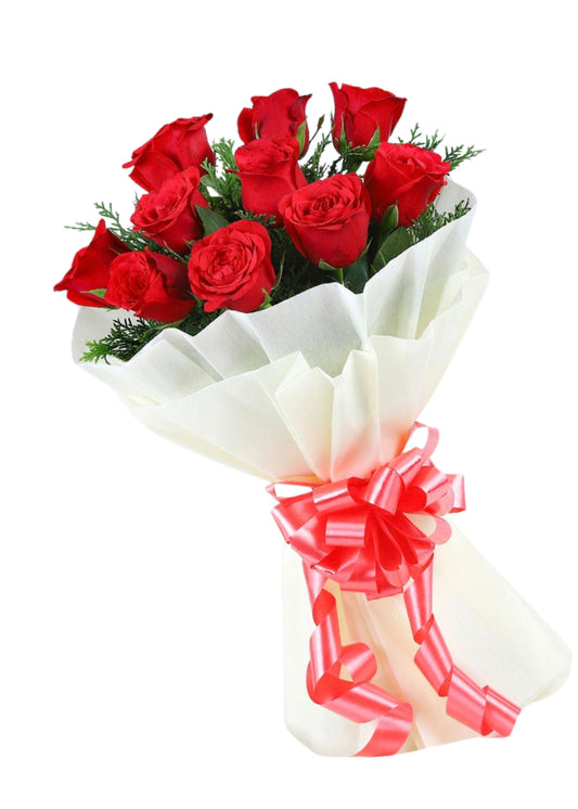 Elagant LoveFresh Red Roses Bouquet, 10 Stems with White Paper Wrap