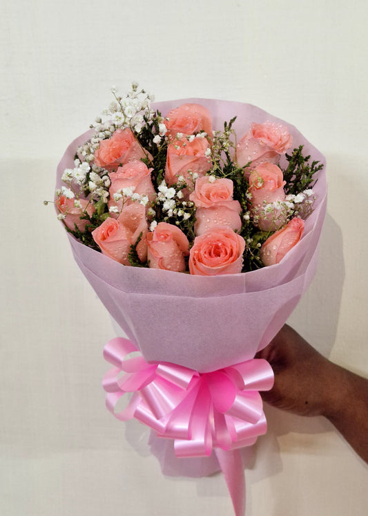 12 Fresh Pink Roses Bouquet with Pink Paper Packing