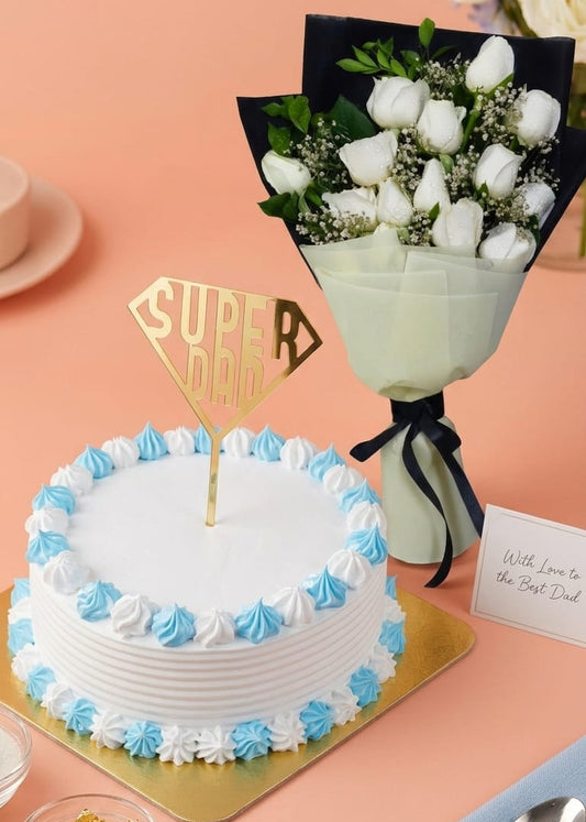 White Roses Bouquet & Vanilla Cake Combo