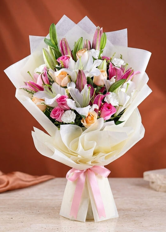 Roses lilies enchanted bouquet