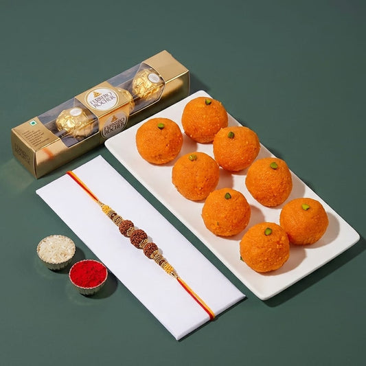 Rudraksh Rakhi with Mottichoor Laddoo & Small Ferrero Rocher Chocolates- 4 pcs