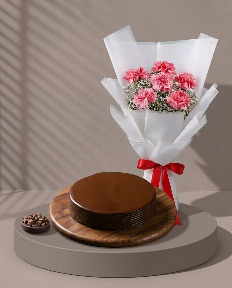 Chocolate Truffle cake & Pink Carnations Bouquet combo