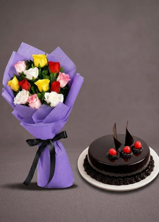 Mix Roses Bouquet & Chocolate cake combo