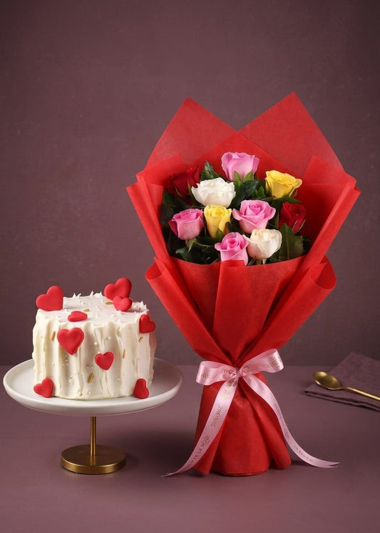 Love Heart cake with Mix roses bloosom Combo