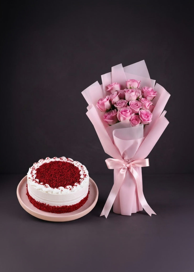 Red Velvet Cake with Pink Roses Bouquet Combo
