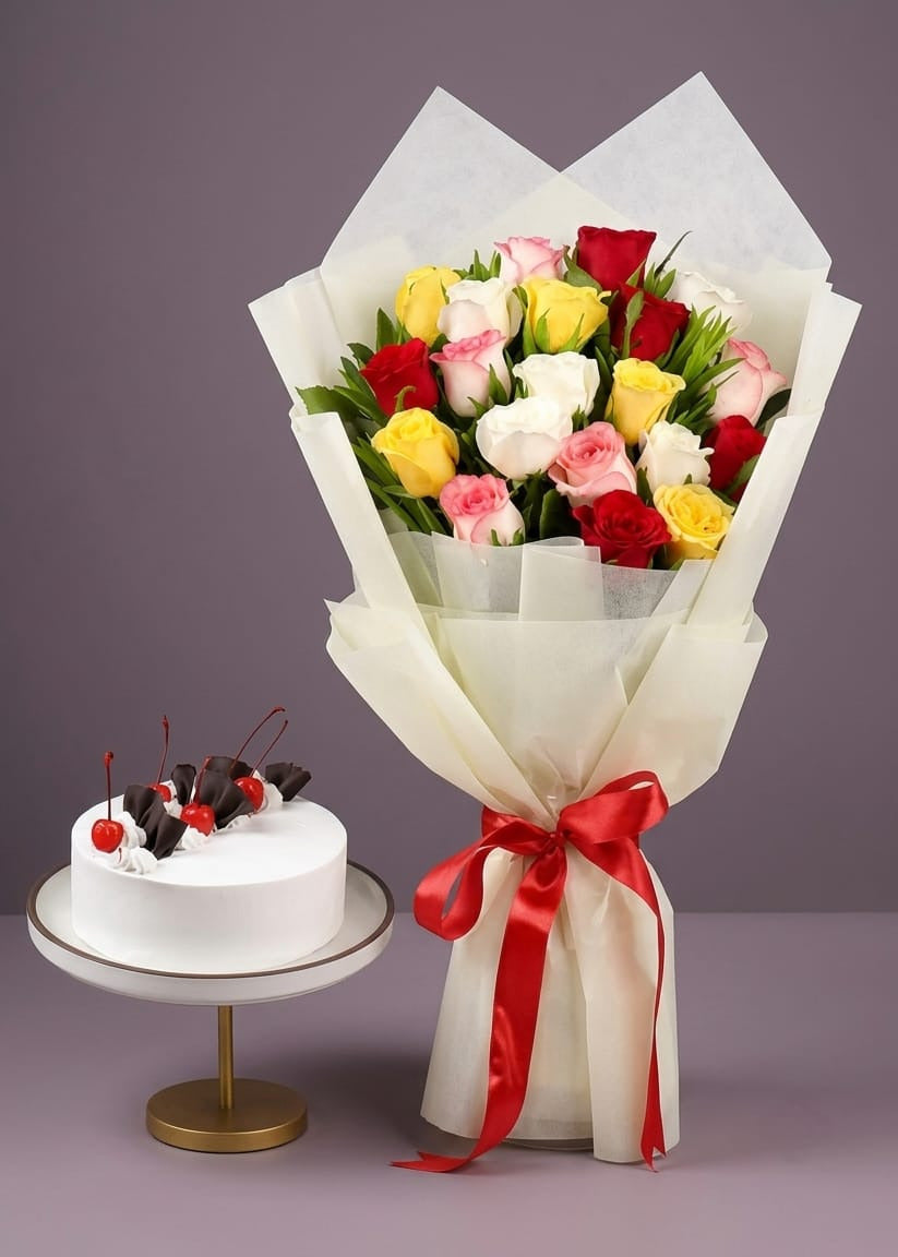Colourful Mix Roses with Cake Combo