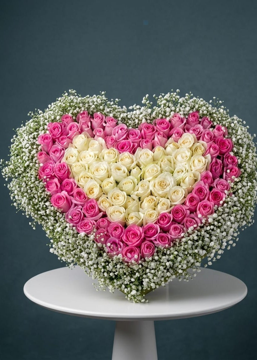 Heart Shaped Arrangement of White & Pink Roses