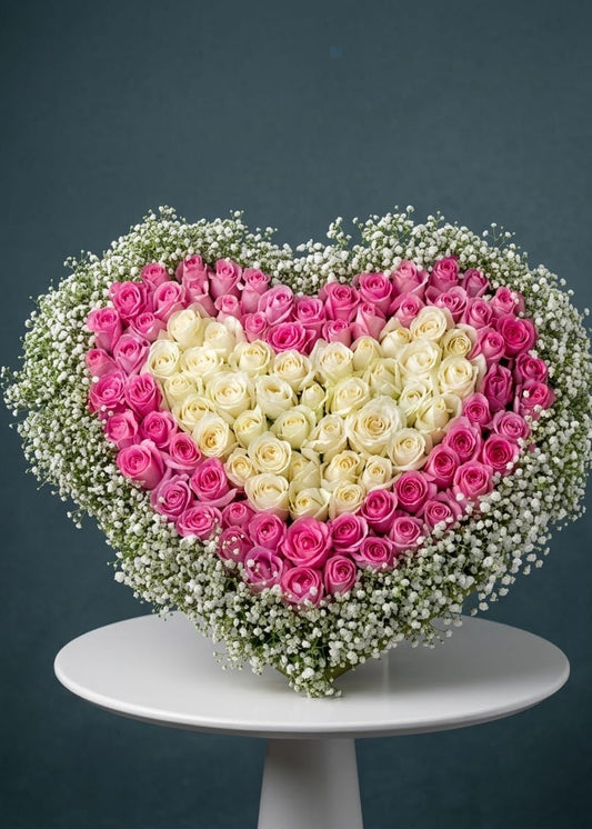 Heart Shaped Arrangement of White & Pink Roses