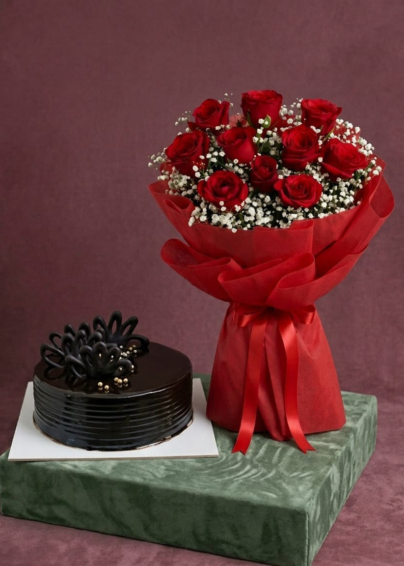 Enchanting Red Roses with Chocolate Truffle Cake Combo