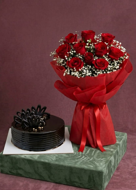 Enchanting Red Roses with Chocolate Truffle Cake Combo