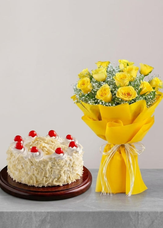 Sunshine Yellow roses with White forest Cake Combo's
