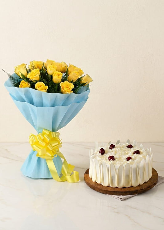 Sunny Yellow roses with White forest cake combo