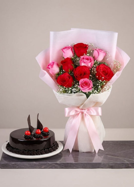 Viberant roses with chocolate cake combo