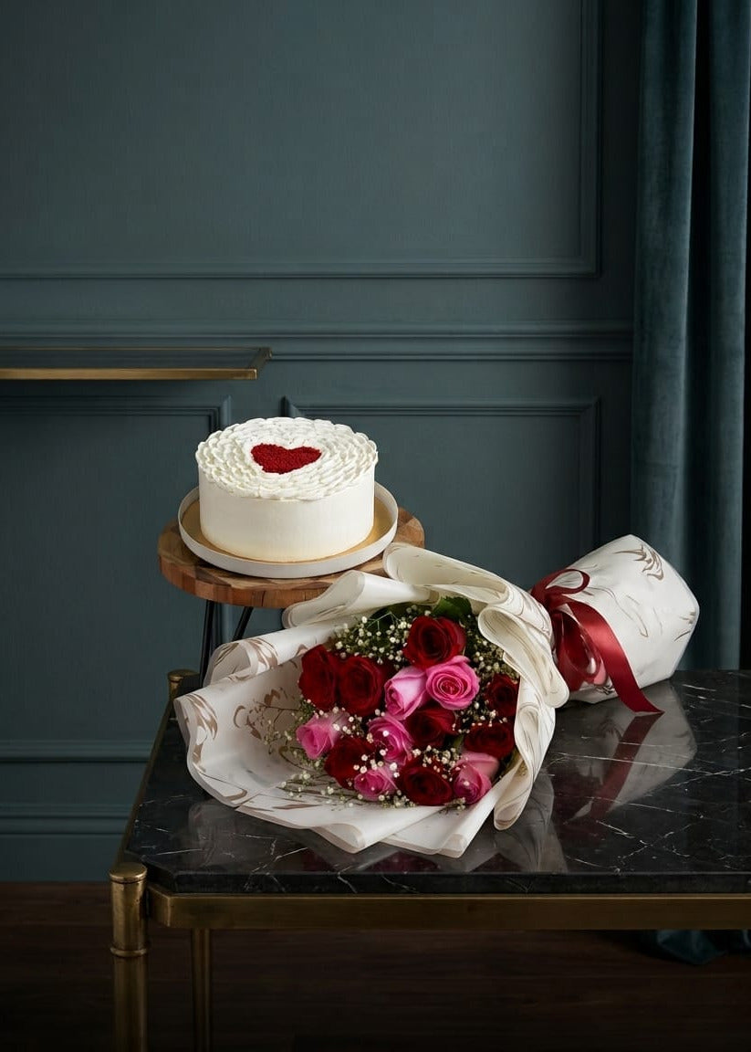 Timeless Love  Roses Bouquet & Vanilla cake combo