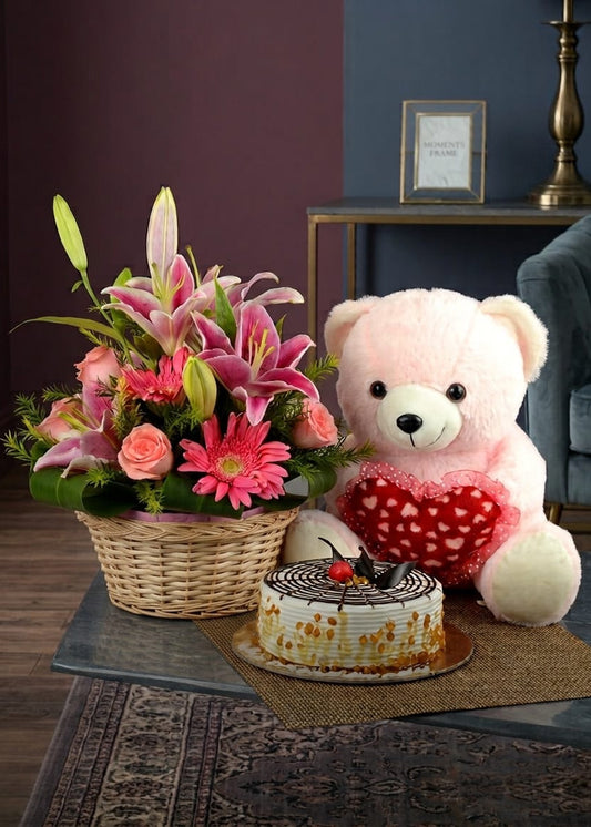 Spring Flowers basket with Cake & Teddy Combo