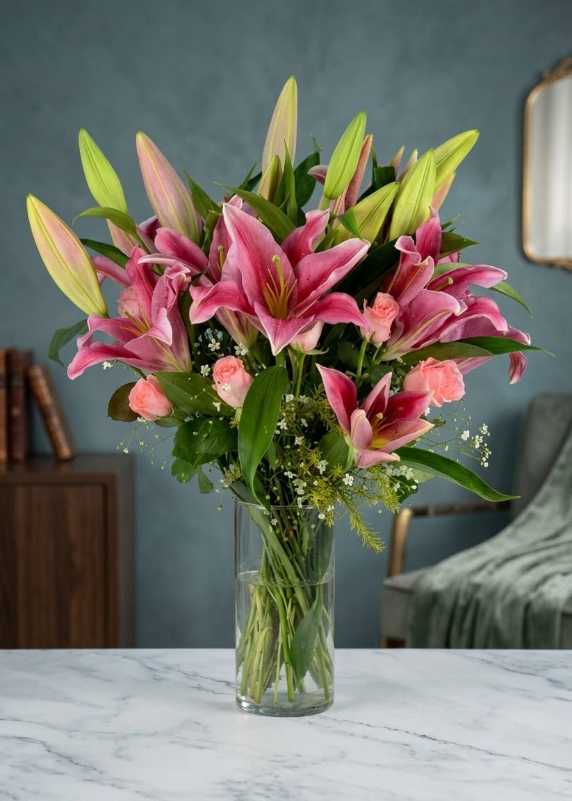 Pink Shining Pink Roses & Pink Lilies