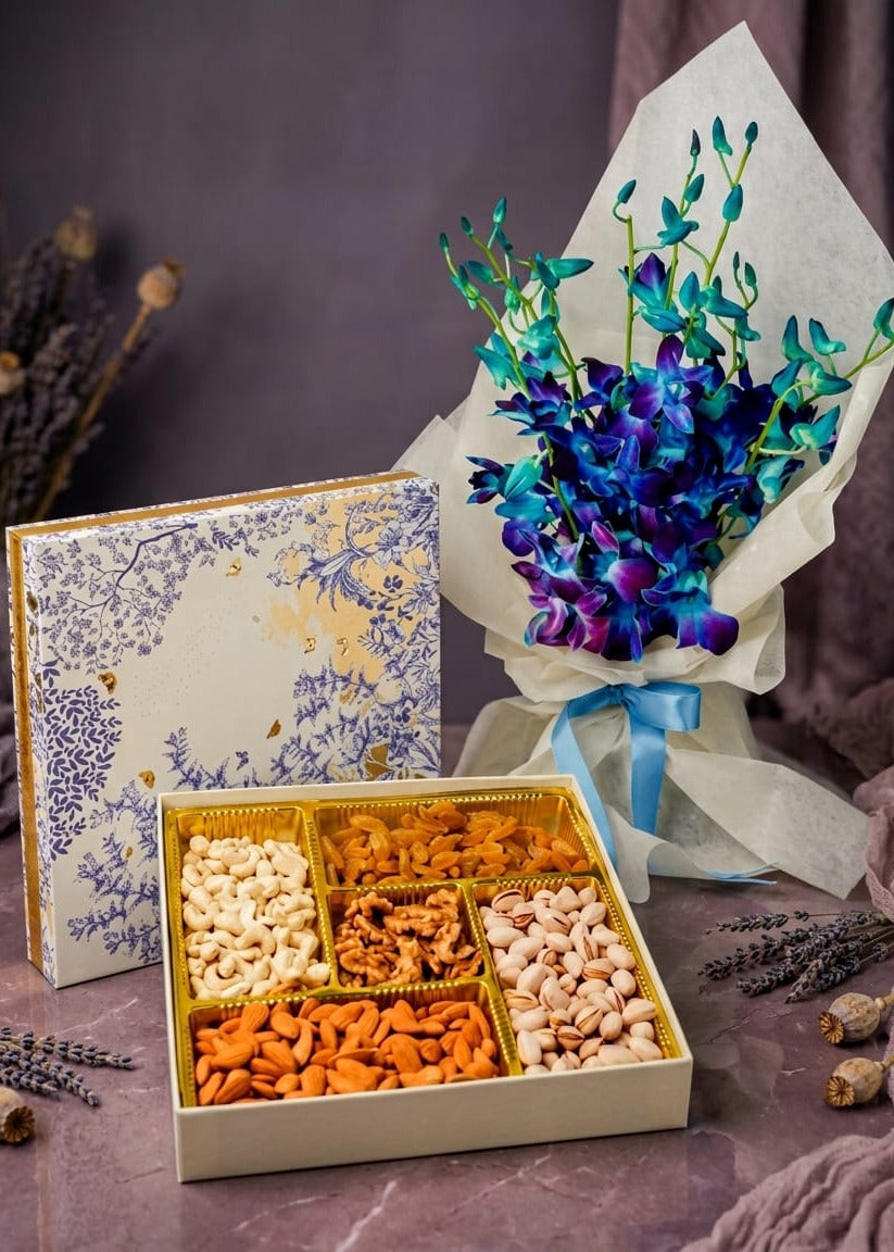 Enchanting Orchid Bouquet & Dryfruits Box Combo