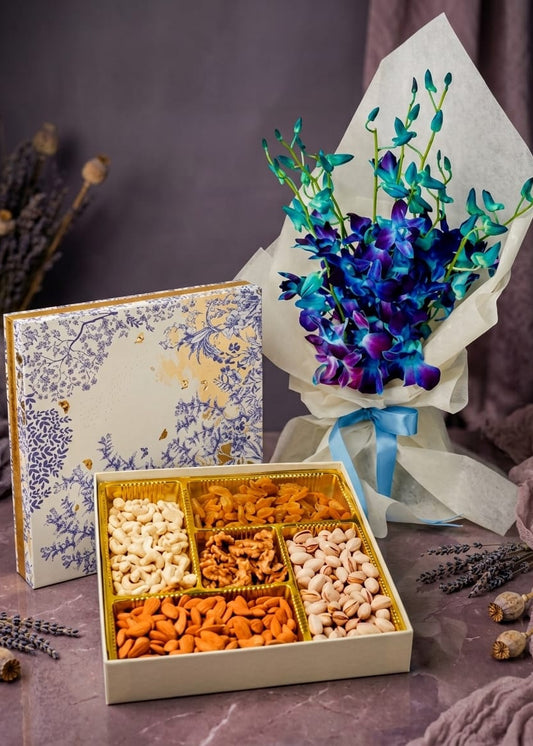Enchanting Orchid Bouquet & Dryfruits Box Combo